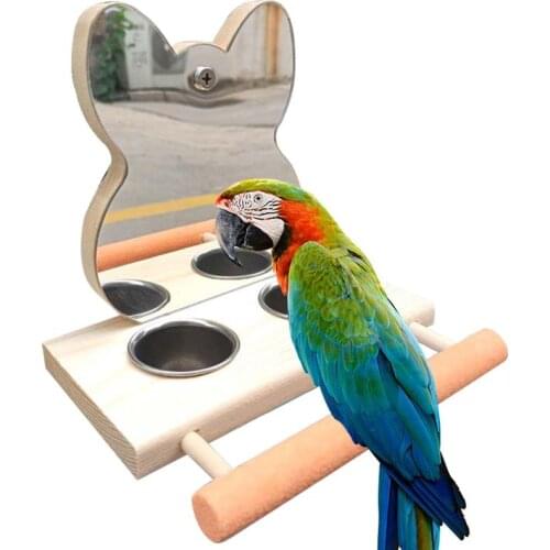 New Wooden Bird Perches Stand Toys With Mirror Stainless Steel Bird Feeding Food Water Bowl Pet Birds Cage Hanging Toy Supplies