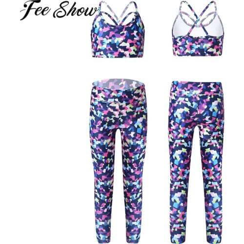 Kids Girls Sport Wear Sets Digital Print Sport Tanks Crop Top with Leggings Sleeveless Workout Gym Dance Yoga Outfit 6-14 Year