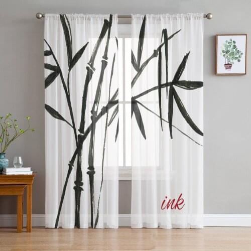Art Watercolor Bamboo Tulle Curtains for Living Room Decoration Modern Chiffon Sheer Voile Kitchen Curtain
