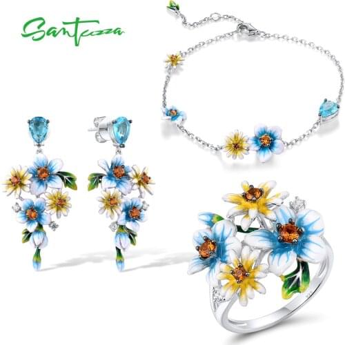 SANTUZZA 925 Sterling Silver Jewelry Set for Women Elegant Enamel Yellow Blue Flowers Earrings Ring Bracelet Set Fine Jewelry