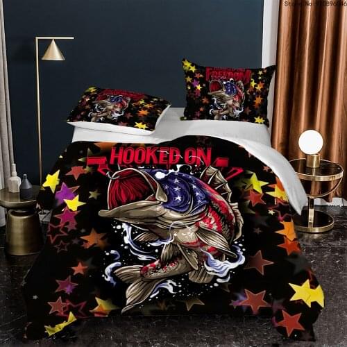 River Predator Fish Bedding Set Queen King Size Animal Field Fishing Duvet Cover Set 3D Quilt Black Bed Set Kids Home Textile