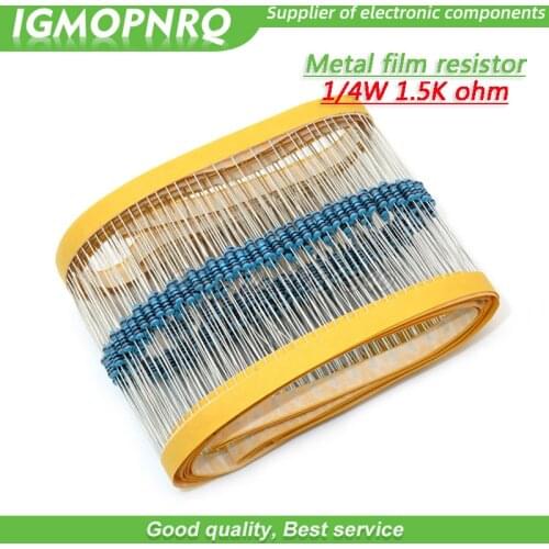 100pcs Metal film resistor Five color ring Weaving 1/4W 0.25W 1% 1.5K 1.5K ohm 1.5Kohm