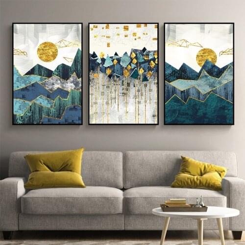 Golden Sun Abstract Geometric Mountain Landscape Wall Art Nordic Canvas Painting Art Poster Print Wall Picture for Living Room