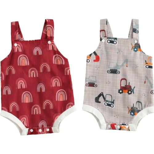 Newborn Baby Girls Boys Clothes Romper One Piece Rainbow/Cartoon Print Sleeveless Button Jumpsuit 0-18M