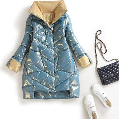 2021 New Bright Face Winter Down Padded Jacket Womens Parka Mid-Length Slim Coat Female Thick Warm Outerwear