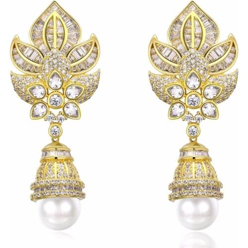 New Flower Shape simulated Pearl Earrings Lead Free Cubic Zirconia Stone Wedding Drop Earrings Free Shipping