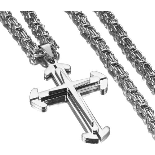 Fitness Hipper Stainless Steel Silver Color Christian Jesus Cross Pendant With 5mm Byzantine Chain Necklace Mens Boys Jewelry