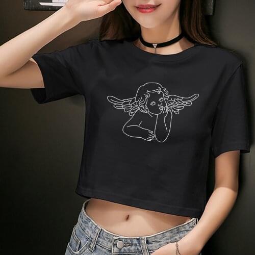 Casual Basic Short T-shirt Women Sleeve Angel Print Tops Tees Harajuku T-shirt Kawaii Cotton Female Summer 2019 Korean Tee