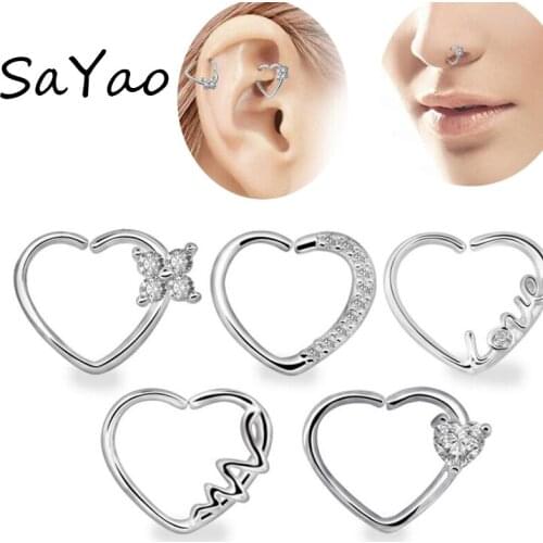 SaYao 16G 1.2mm Zircon Heart Earring Nose Piercing Helix Love Flower Anodized Seamless Endless Tragus Cartilage Hoop Ring