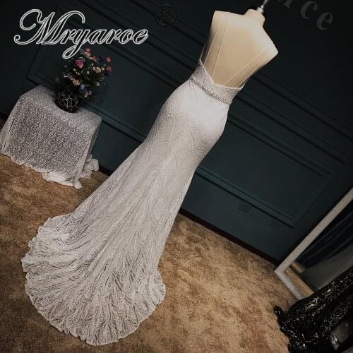 Mryarce Sexy V Neck Lace Mermaid Wedding Dress Spaghetti Straps Open Back Bridal Gowns