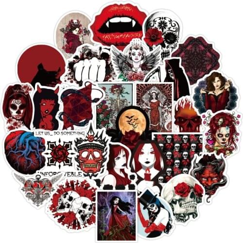 50Pcs Red Style Gothic Wind Girls Skull Sticker Luggage Motorcycle Laptop Refrigerator Skateboard PVC Decal Sticker For Children