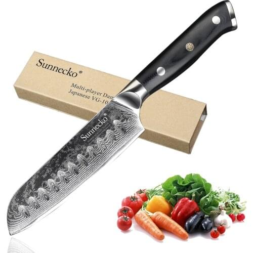 SUNNECKO 5" Santoku Knife Kitchen Knives 73 Layers Japanese Damascus VG10 Steel Razor Sharp G10 Handle Slicing Fruit Meat Cutter