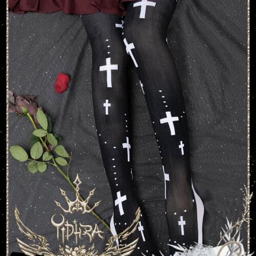 Maria ~ Gothic Lolita Knitted Stockings Cross Patterned Thigh High Tights by Yidhra