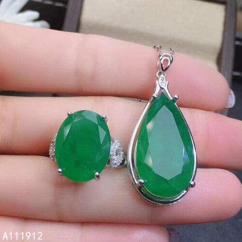 KJJEAXCMY fine jewelry natural Emerald 925 sterling silver women pendant necklace chain ring set support test fashion