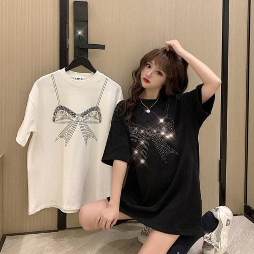 Summer Women O-neck Bow Tie Ironing Drill Short Sleeves T-shirt Kawaii Clothes