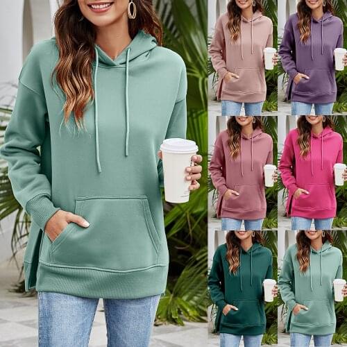 European and American Womens Clothing 2021 Autumn and Winter New Split Hooded Fleece plus Velvet Sweater for Women