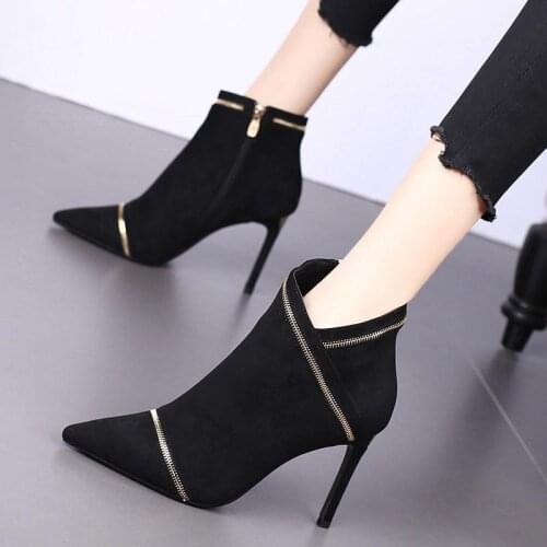 New Women Boots Ankle PU Leather Zipper Booties High Heels Autumn Shoes Black Winter Boots Zapatos De Mujer Pointed Toe