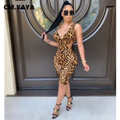CM.YAYA Women Playsuit Leopard Sleeveless V-neck Zip Cut Out Stretchy Bodycon Playsuits Casual Rompers Fashion Outfit Summer