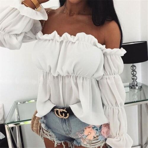 Women Off Shoulder Chiffon Top Autumn New Fashion Elegant Solid Color Pleated Sexy Shirt Ladies Office Ruffles Street Tops