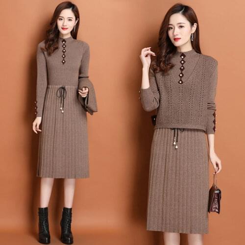 Women Suit Knitted Vest and O-neck Midi Sweater Dress Two Pieces Set Autumn Winter Solid Casual Knitwear Jumpers Outfits Q777