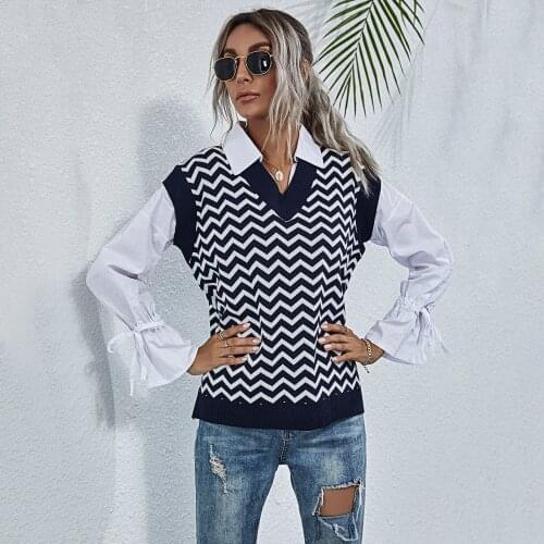 Fashion Blue White Striped Sleeveless Vest Sweater Women Pullover Shirt Casual V-neck Loose Chic Knitted Sweaters Girls