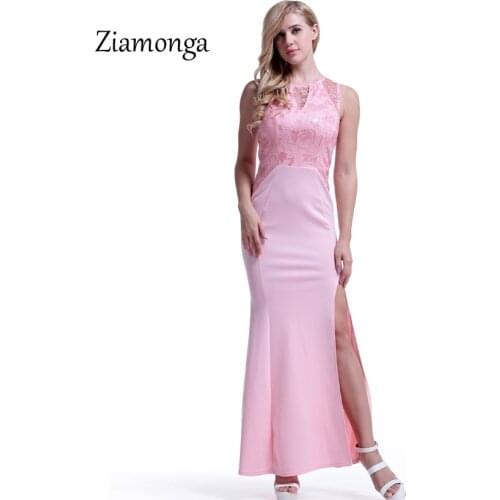 Ziamonga Ankle Length Maxi Dress Sexy O-Neck Sequined Lace Long Dresses Women Summer High Split Evening Party Vestidos Longo