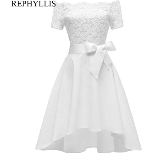 REPHYLLIS Women Slash Neck Short Sleeve Belt Vintage Party Ceremony Hi lo Lace Swing Wedding Bridesmaid Party Dress