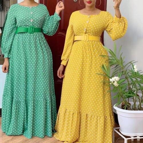 Women Dress African Print Polka Dot Chiffon Dresses 2021 Spring Summer Fashion Maxi Abaya Kaftan Elegant Evening Robe Outfits