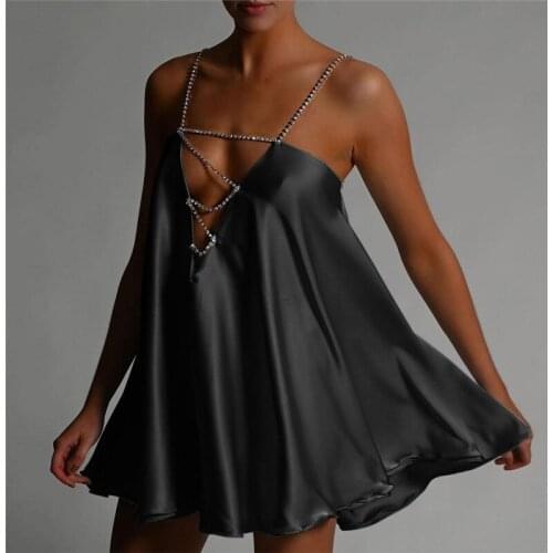 Womens Casual Chain Suspender Short Dress Fashion Solid Color Spaghetti Straps Hollow Out Deep V-neck A-line Dress Party Club