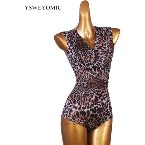 2021 new Latin Dance Top V-neck Sexy Leopard Bodysuit Women Bodysuit Tango Cha Cha Rumba Samba Dancing Performance Wear
