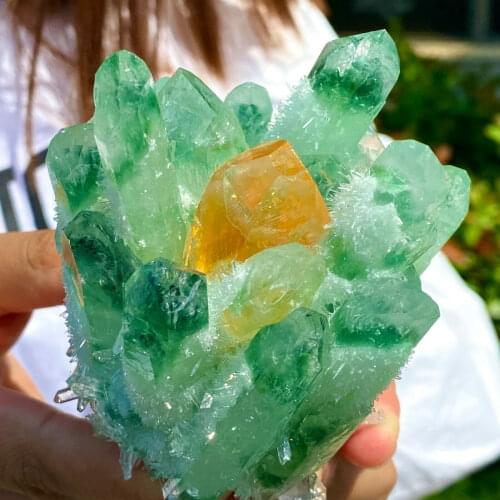 419G yellow and green Phantom quartz crystal cluster mineral specimens