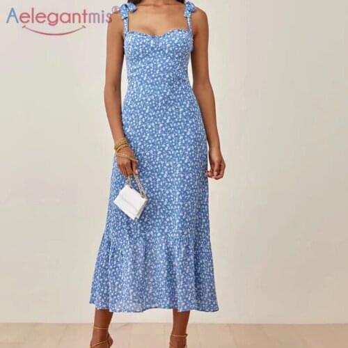 Aelegantmis Sexy Spaghetti Strap Folds Floral Dresses Women Slim Ruffles Print Long Dresses Summer Empire Fashion Thin Vestidos