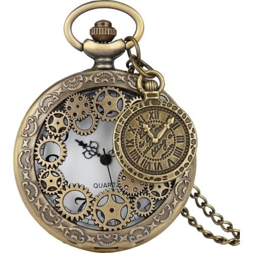 Bronze Hollow Gear Quartz Pocket Watch Vintage Antique Copper Steampunk Necklace Pendant Clock Chain Men Women with Accessory