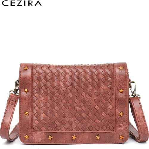 CEZIRA Luxury Woven Pattern Women PU Leather Handbags Fashion Stars Rivets Decoration Flap Bag Female Crossbody Shoulder Purses