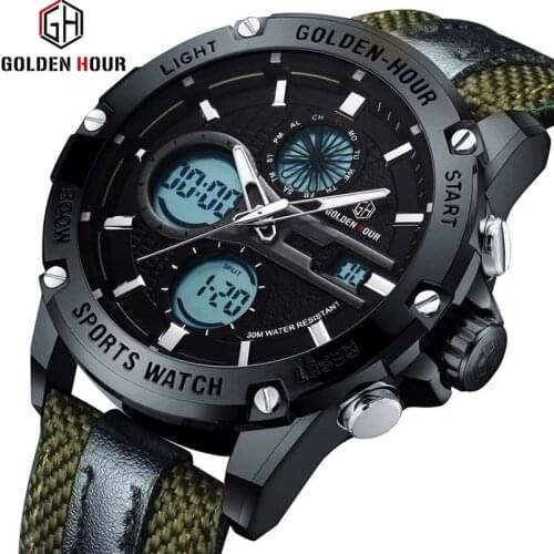 GOLDENHOUR Fashion Brand Men Dual Display Watches Mens Sport Military Quartz Watch Nylon Casual Digital Clock Relogio Masculino