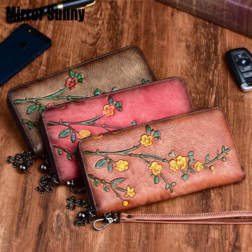 First Layer Cowhide Genuine Leather Long Womens Wallet Retro Embossed Flower Clutch Bag Large Capacity Cellphone Zipper Purse