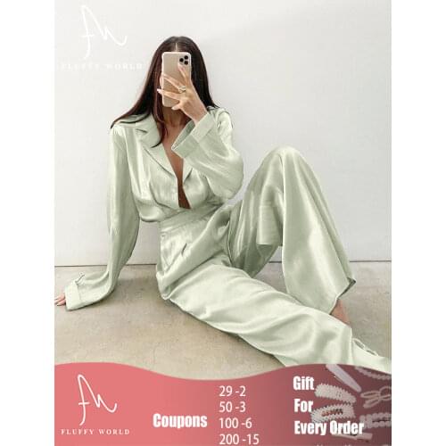 Satin Vintage Suit Elegant Long Sleeve Shirt Top and High Waist Pants Two Piece Pants Sets Spring Autumn Solid Matching Set
