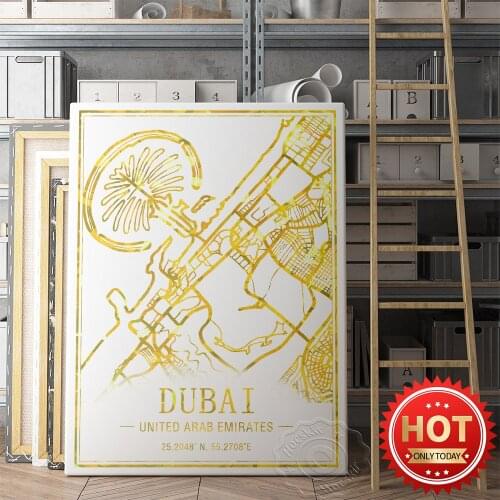 Dubai United Arab Emirates Art Map Poster,Library Study Decor Wall Picture, Tavel City Street Gold Foil Line Map Art Prints