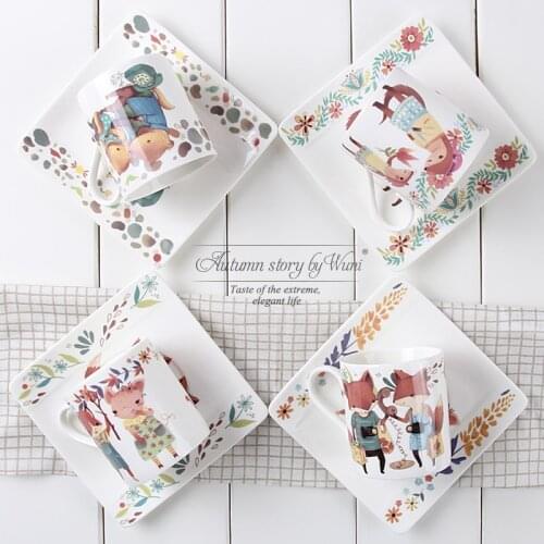 Italy Design Fine Bone China Autumn Story Cute Animal Lovers Coffee Cup Plate Anime Mug Suit Teacup Saucer Square Tray Gift Box