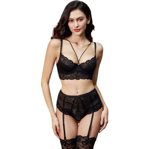 Sexy underwear lace bra push up lingerie set (bra + panty +garter+stockings )4 Pcs/Lot