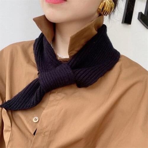 Korean Female Short Cross Wool Knit Scarf Winter Women Solid Color Elastic Soft False Collar Neck Guard Warm Scarves O34