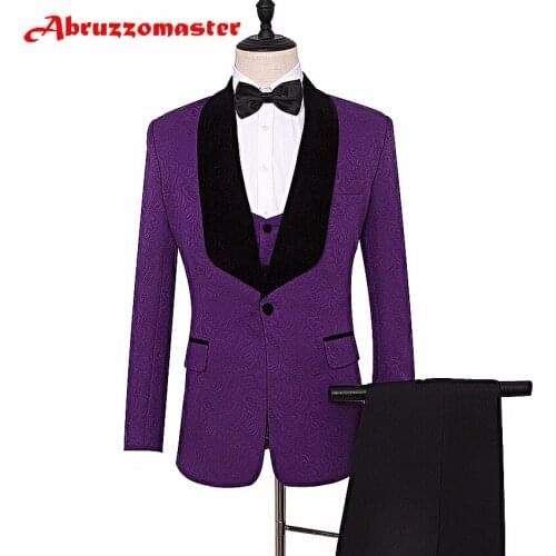 Tailor Suits Blazer Purple Wedding suit Printed Groom Tuxedos Shawl Lapel Groomsman Suit Custom Made Man Suit Jacket+pants+ve