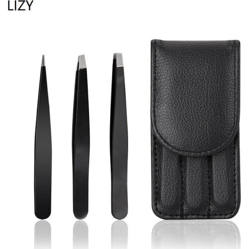 LIZY Stainless Steel Eyebrow Tweezers Set with Case Eyebrow Clip with Plain Bevel Pointed Head Trimming Forceps Beauty Clip Set
