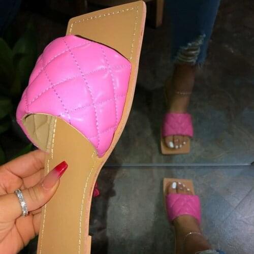 Fashion Lattice flat Slippers Square Toe Women Slipper Casual Flat Shoes Summer Sandals Ladies Mules Sexy Slides