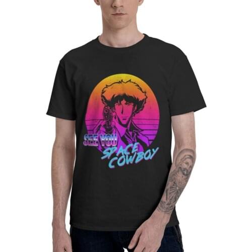 Neon Space Cowboy Bebop Tshirt Men Streetwear Tee Tops 100% Cotton T Shirts Short Sleeve Anime Spike Japanese Manga T-shirts