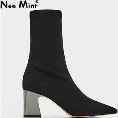 Slim Stretch Sock Boots Woman New 2020 Women Winter Boots Pointed Toe Silver Heels Ankle Boots for Women Square Heel Shoes Woman