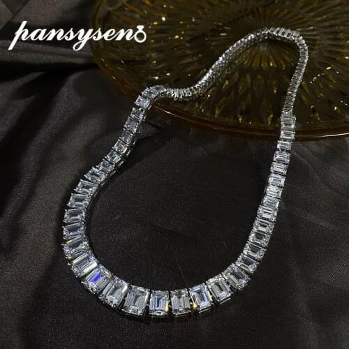 PANSYSEN 100% 925 Sterling Silver Emerald Cut Simulated Moissanite 5A Zircon Chokers Necklaces Wedding Party Fine Jewelry Gift