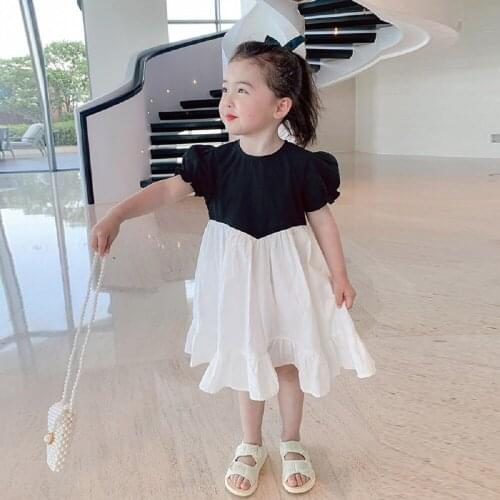 Children Summer Dress Princess Summer Parchwork White Black Costume Party Dress Kid Girls Puff Sleeves Casaul Dress
