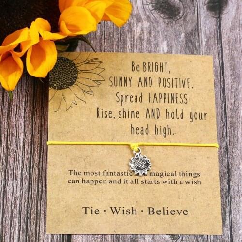 Sunflower Wish Bracelet on A 1mm Wax Cotton Cord Zinc Alloy Sunflower Charm Positive Wishes for Women Men Friendship Bracelet