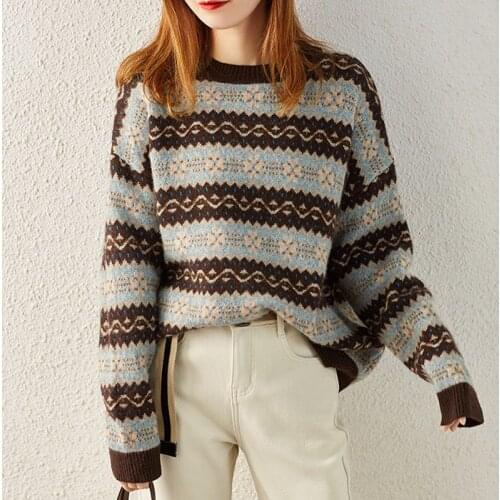 2020 Winter New Womens Round Neck Sweater Long Sleeve Wool Sweater Oversize Retro Ethnic Knitted Pullover Cashmere Top Hot Sale